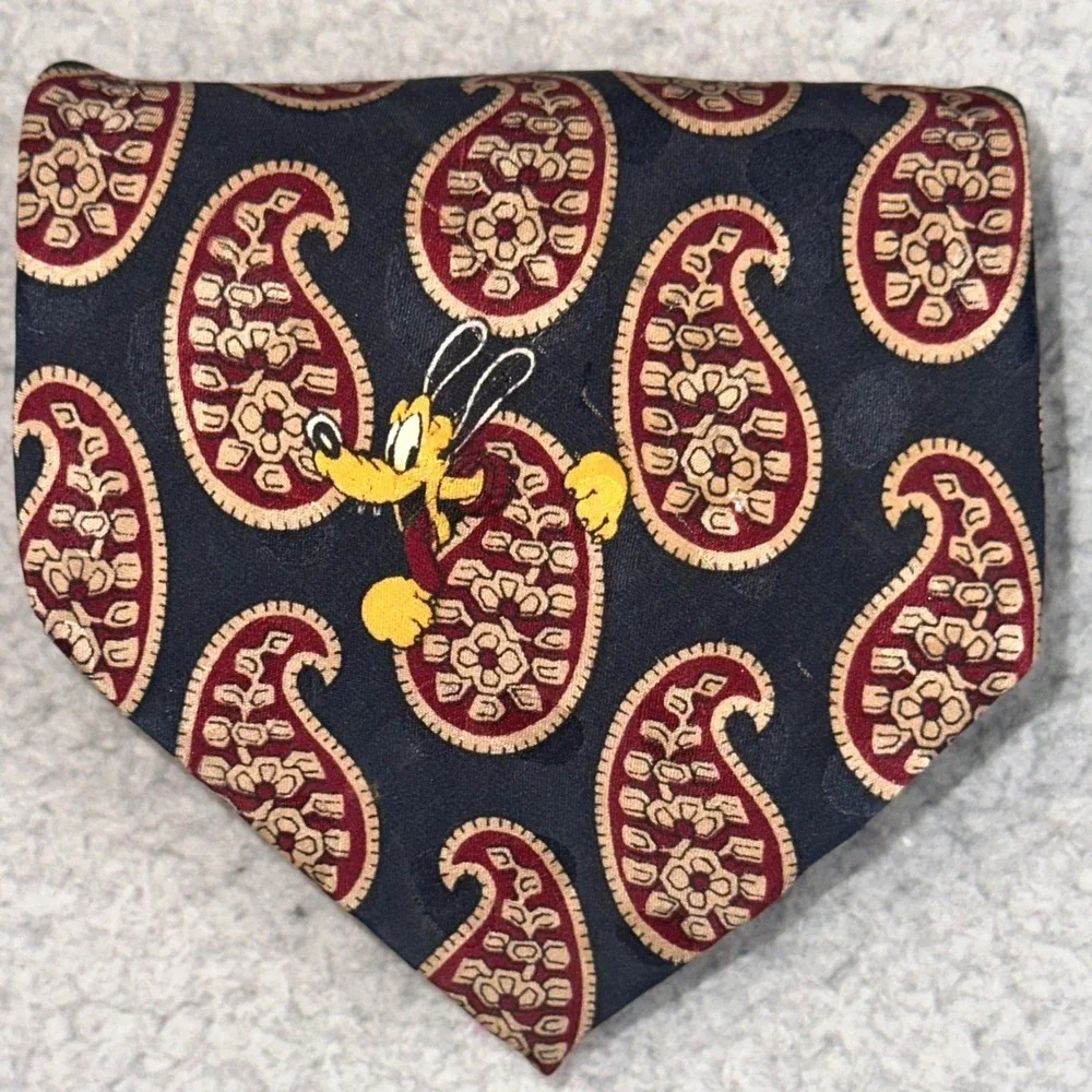 Vintage Disney Store Silk Necktie Mens OS Navy Paisley Mickey Donald Goofy 90s